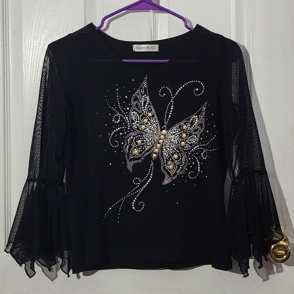 Black Vintage Bedazzled Butterfly Shirt